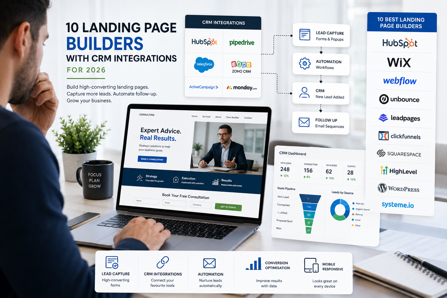 Laptop displaying a landing page builder dashboard with CRM integrations, lead capture forms, automation workflows, and website platform comparison for business growth.
